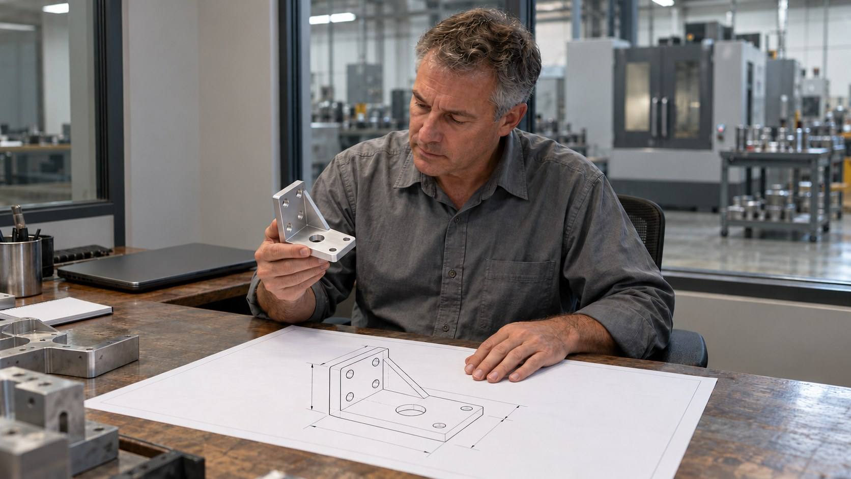 An estimator in a glass-walled office beside a machine shop holds a machined aluminum L-bracket and checks it against an isometric line drawing of the same part on his desk.