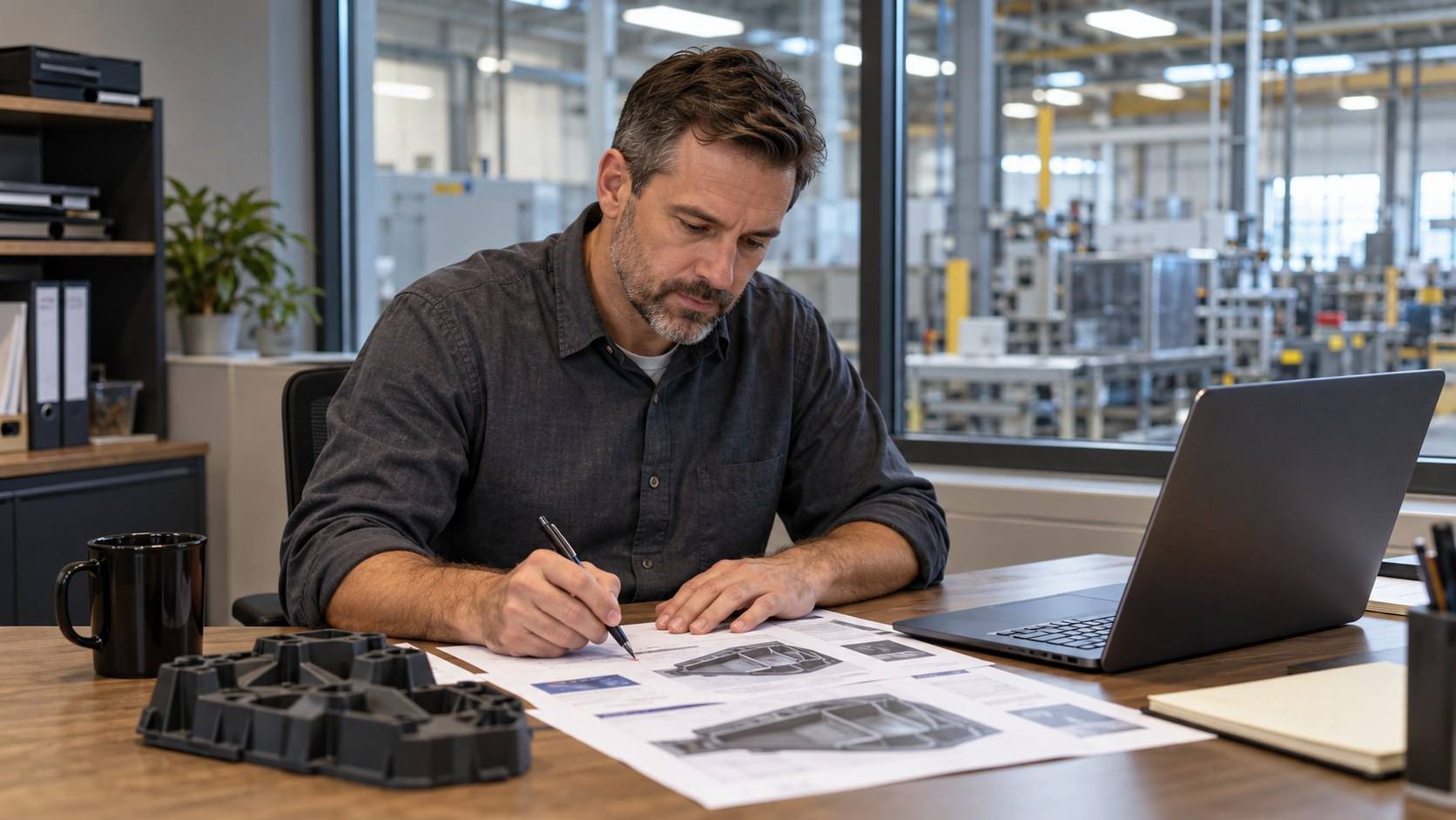 A marketing manager marks up a printed product datasheet at a desk with a window onto the plant floor.
