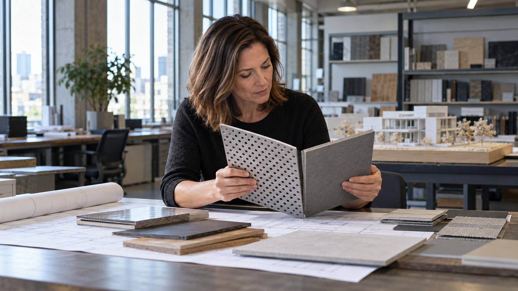 An architect alone at a studio table compares a perforated aluminum cladding sample with a fiber cement panel.