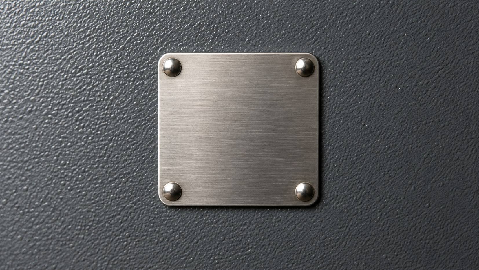 Blank brushed steel nameplate riveted to a dark textured machine panel