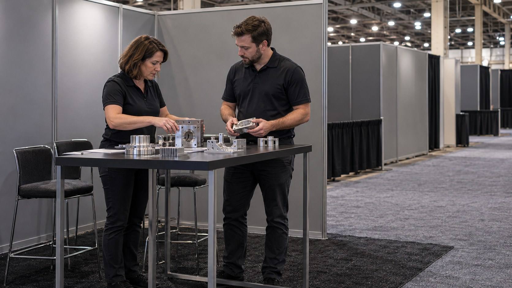 Two exhibitors set out machined aluminum sample parts on a high table in their small booth before the show opens.