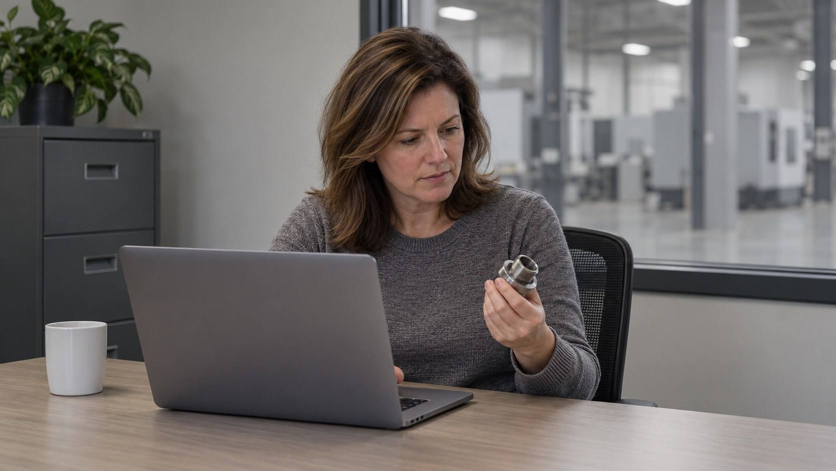 A purchasing buyer at an office desk holds a threaded steel fitting while working on a laptop.