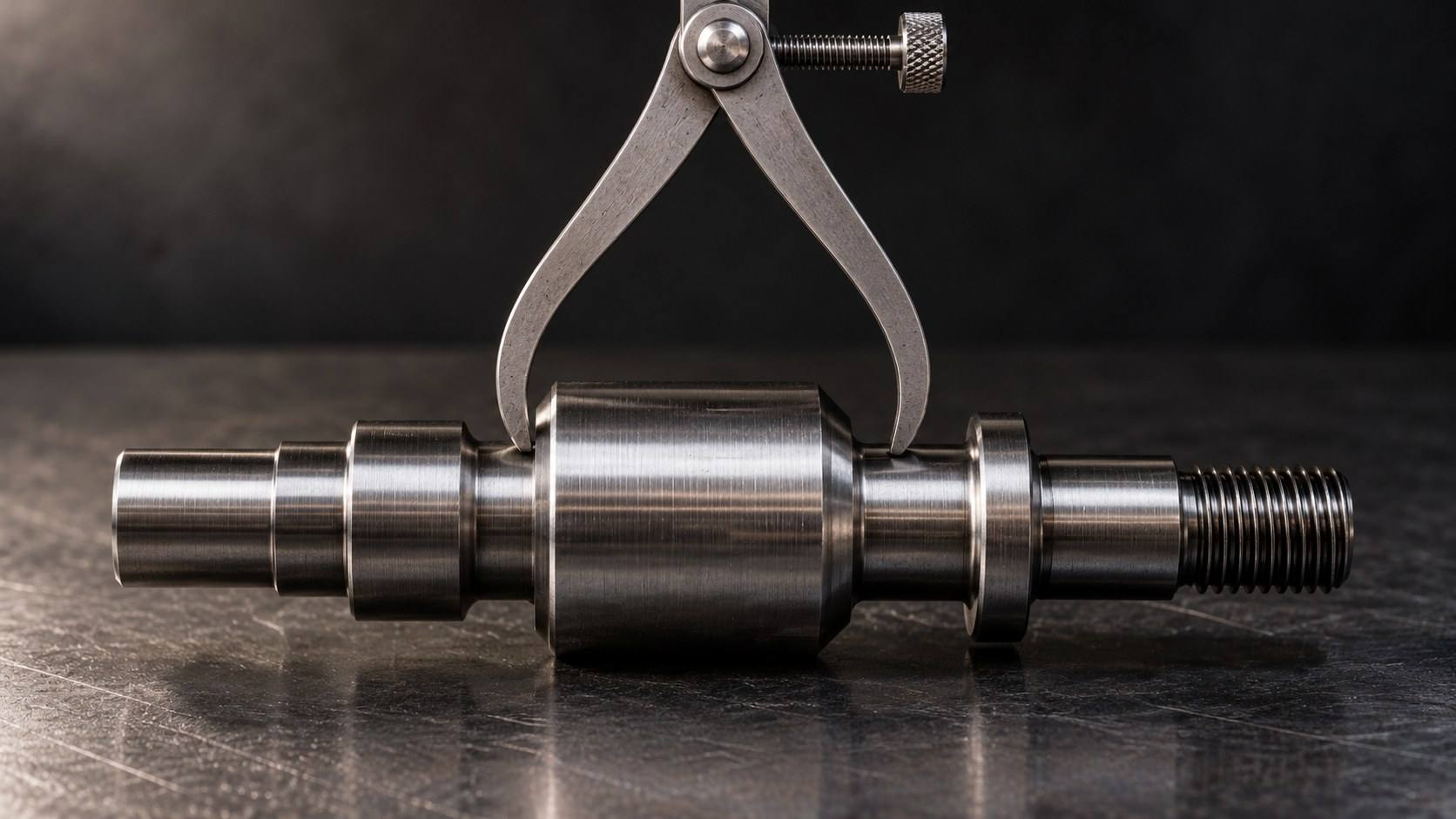 A spring caliper spanning the length of a turned steel shaft with stepped shoulders and a threaded end.