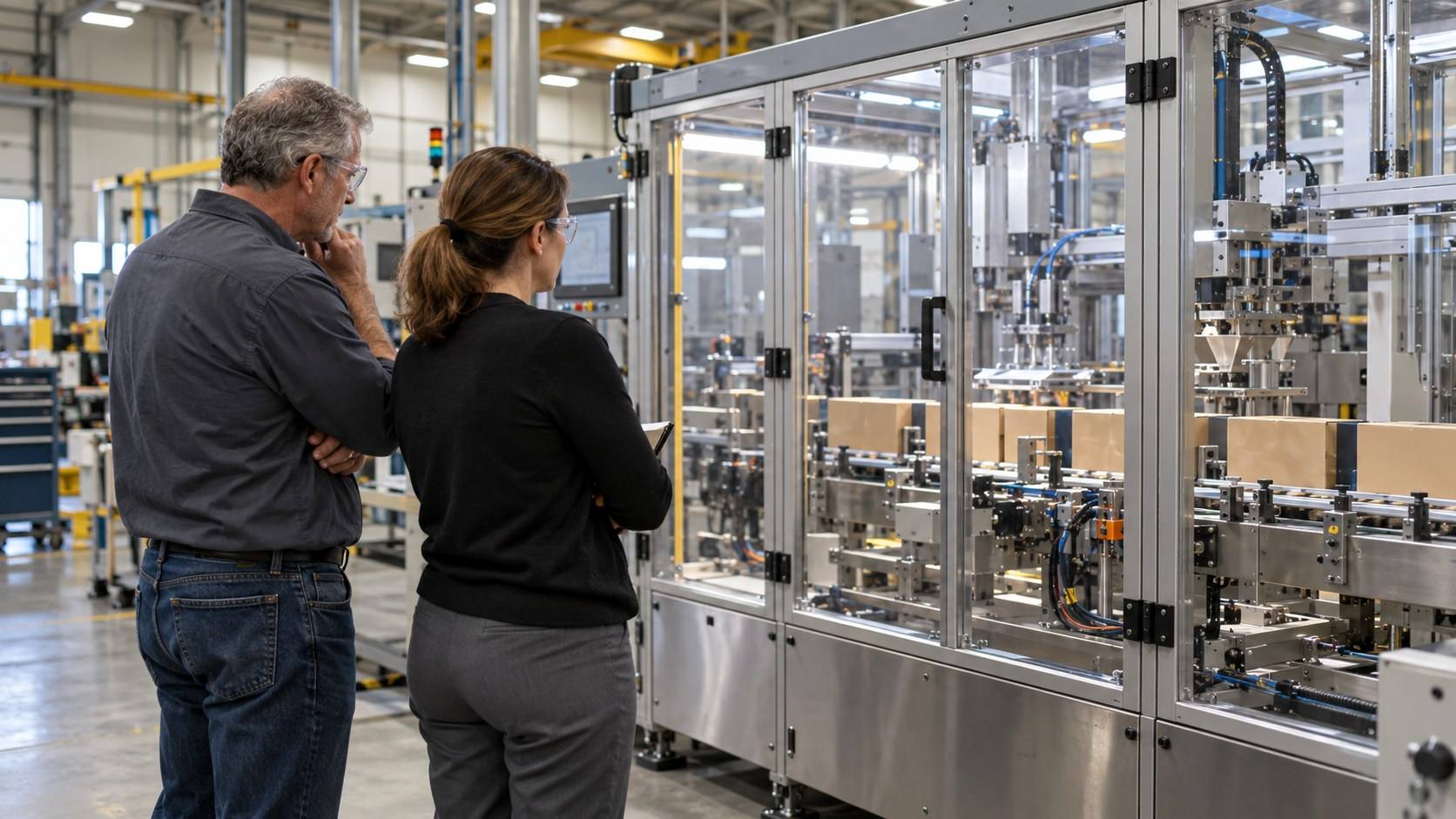 A maintenance lead and a finance manager watch a packaging machine run behind its guards at a factory test.