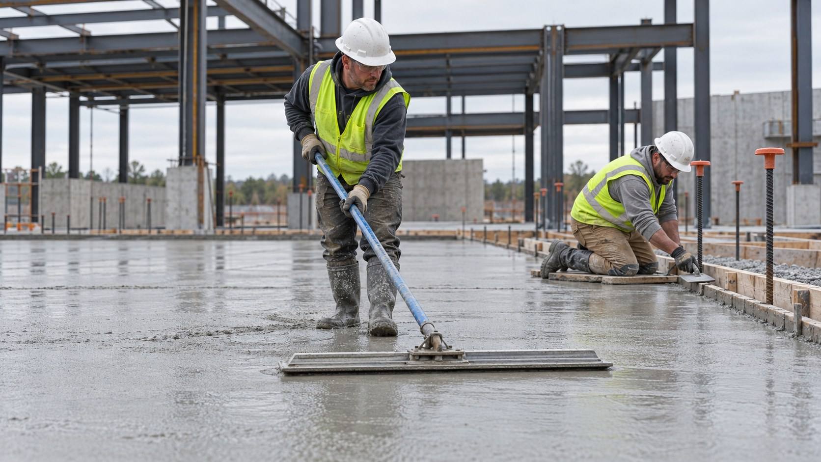 A concrete finisher in a hard hat pushes a bull float across a fresh slab on a commercial site.