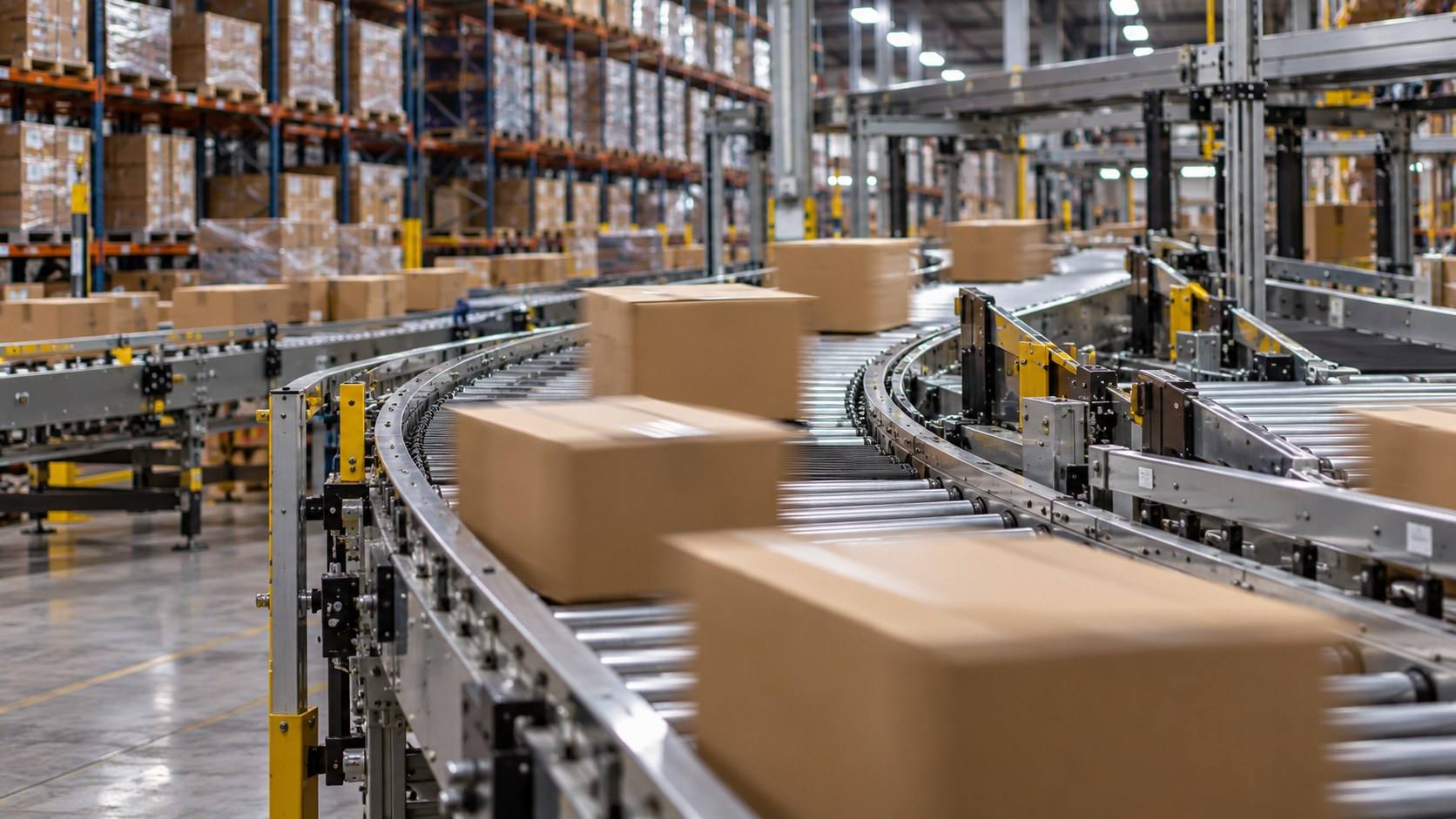 Cartons move along a curving powered roller conveyor in a distribution center.