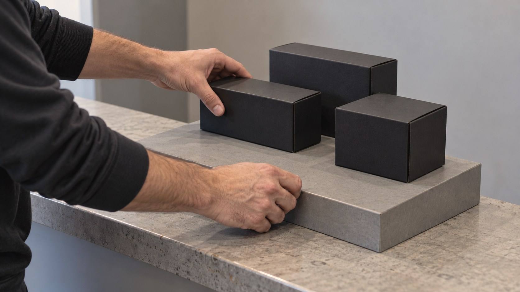 Hands arrange plain black product boxes on a gray display riser at the end of a counter.