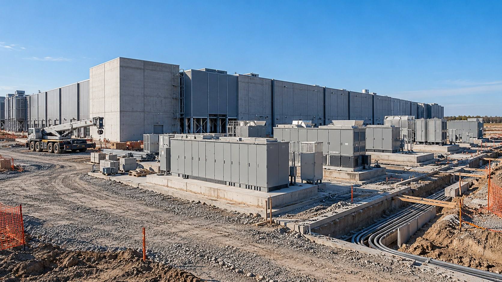 A data center under construction, with gray electrical and cooling enclosures staged on concrete pads.