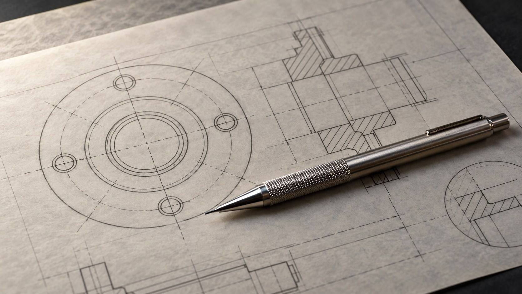 Graphite drafting lines of a flanged part on vellum, with a metal mechanical pencil resting across the sheet.