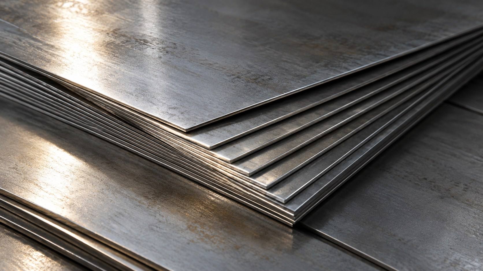 A fanned stack of freshly sheared cold-rolled steel blanks, edges like pages.