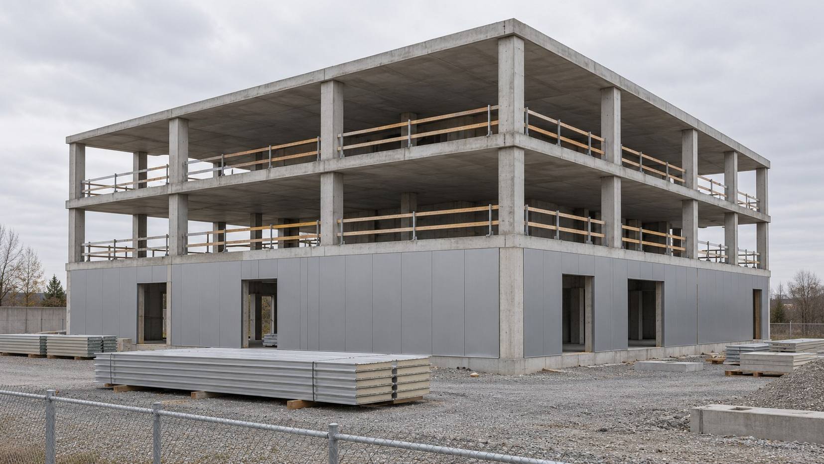 Three-story concrete frame under construction, ground floor clad in gray metal panels, panel stacks on gravel