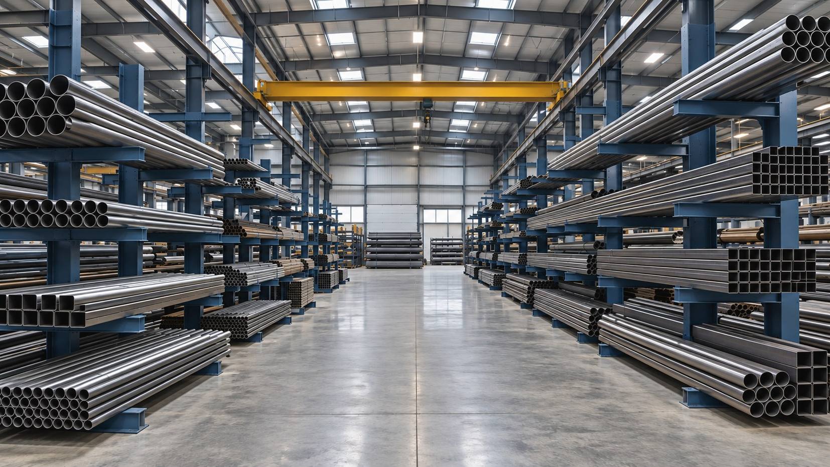 Warehouse aisle lined with blue cantilever racks holding steel pipe and tube, a yellow crane overhead