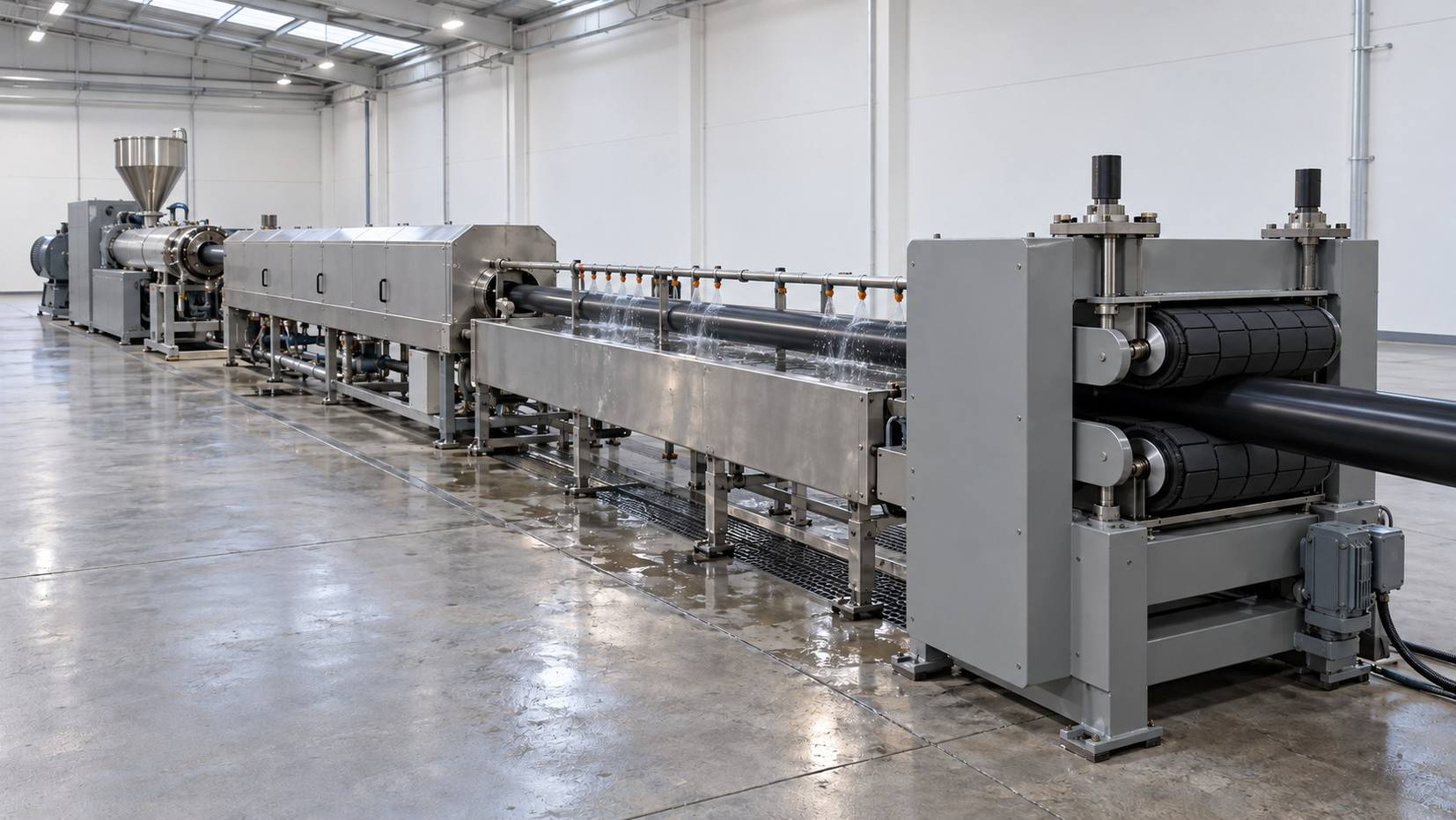 Plastic pipe extrusion line with hopper, cooling trough and a puller gripping black pipe on a plant floor