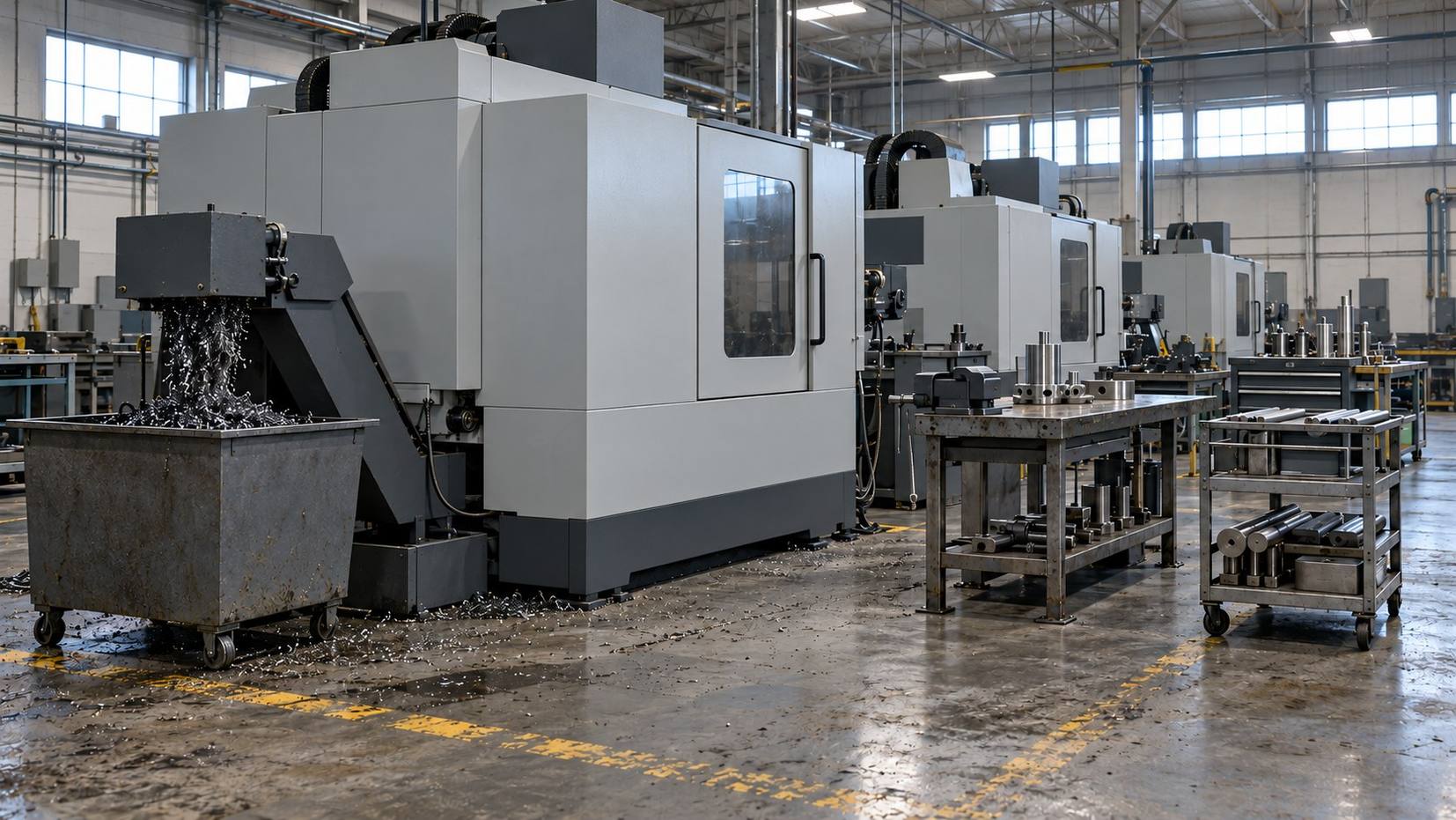 Machining center dumping steel chips into a hopper beside a workbench with a vise and a cart of bar stock