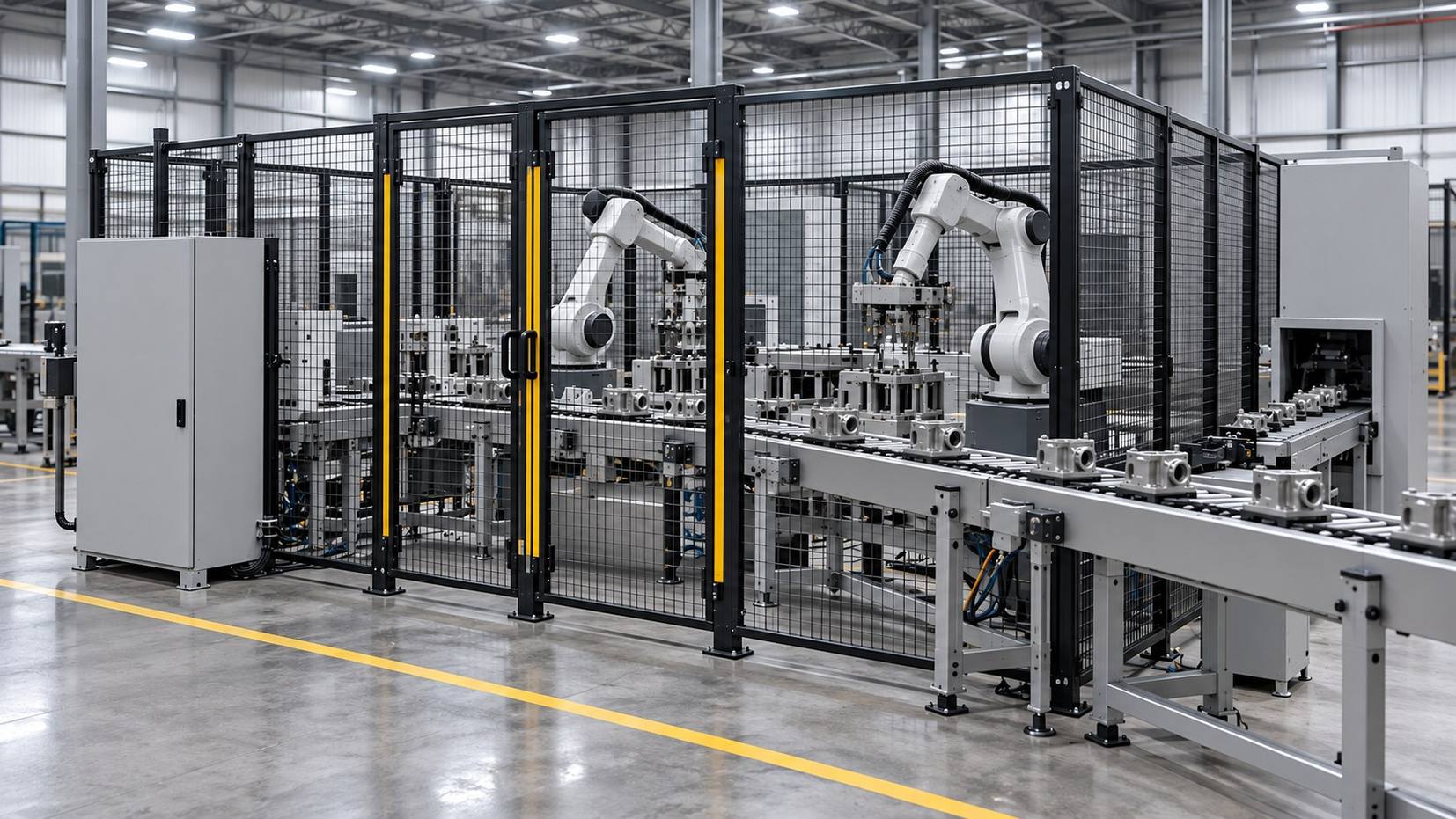 Two white industrial robots inside a fenced cell, with a conveyor carrying machined parts out of it