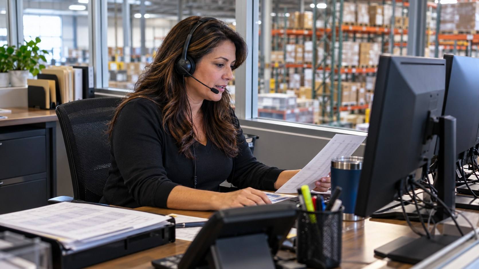 An inside sales representative on a headset checks a price sheet at a desk overlooking warehouse racking.