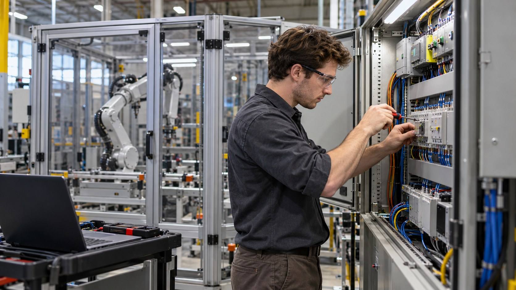 A controls engineer checks wiring in an open control panel beside a guarded robot cell.