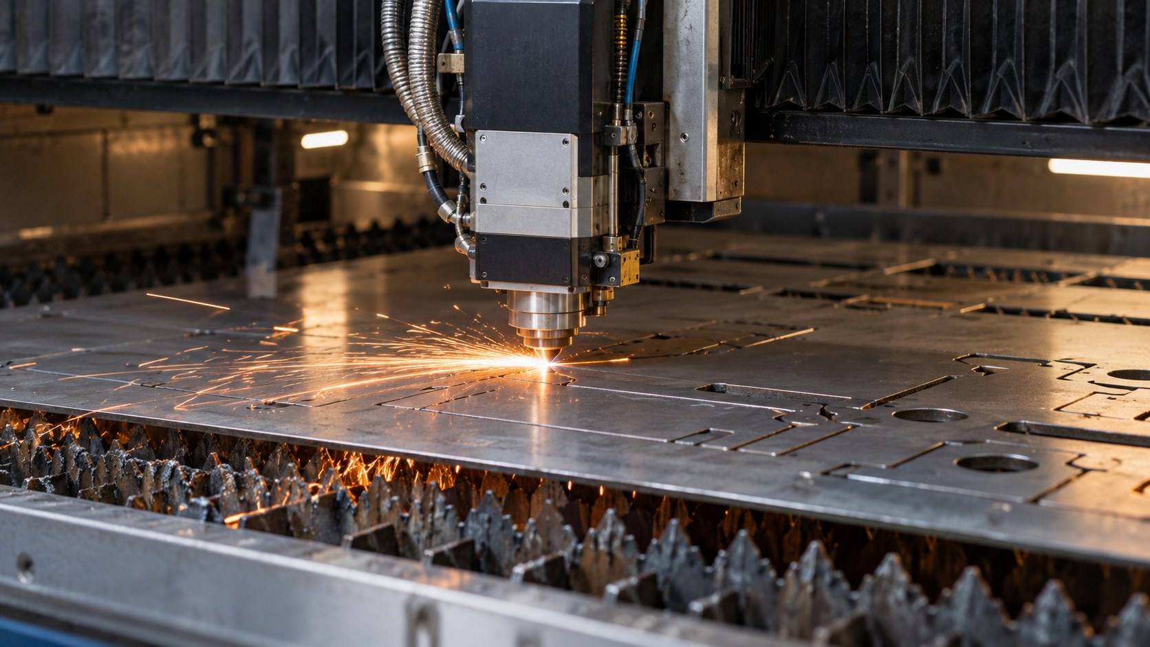 A fiber laser head cuts a steel sheet inside its enclosure, sparks at the cut.