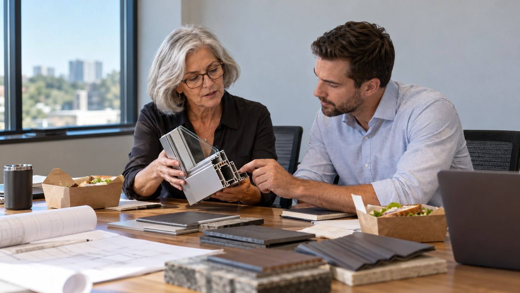 An architect and a product representative examine a cut section of an aluminum window frame at a lunch meeting.