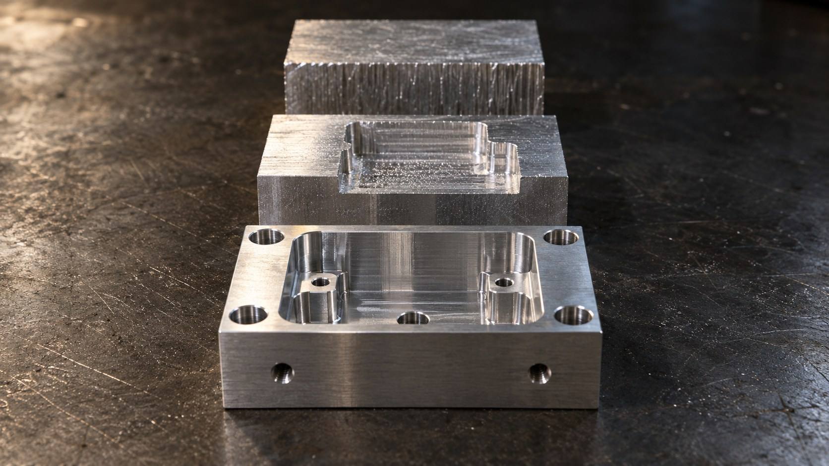 Three identical aluminum parts at three stages of machining, set in a row.