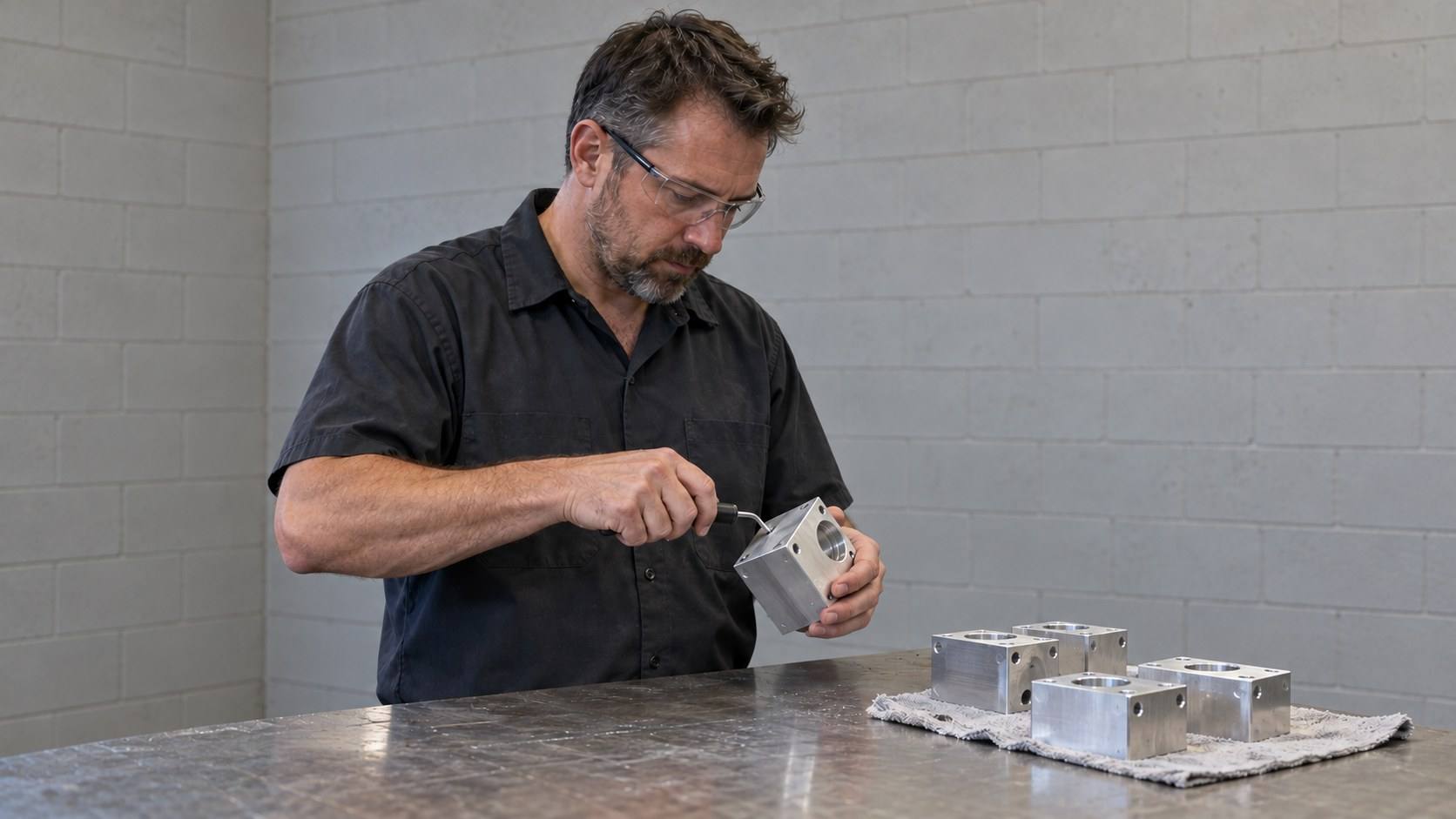 A machinist in safety glasses deburrs the edge of a machined aluminum block at a workbench.