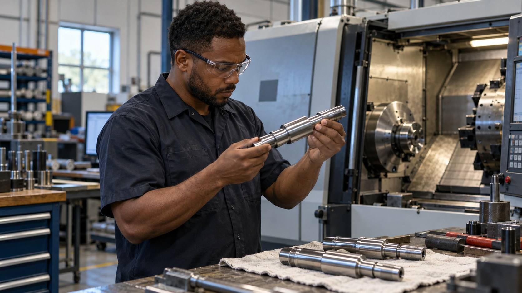 A machinist in safety glasses inspects a freshly turned steel shaft beside a CNC lathe.