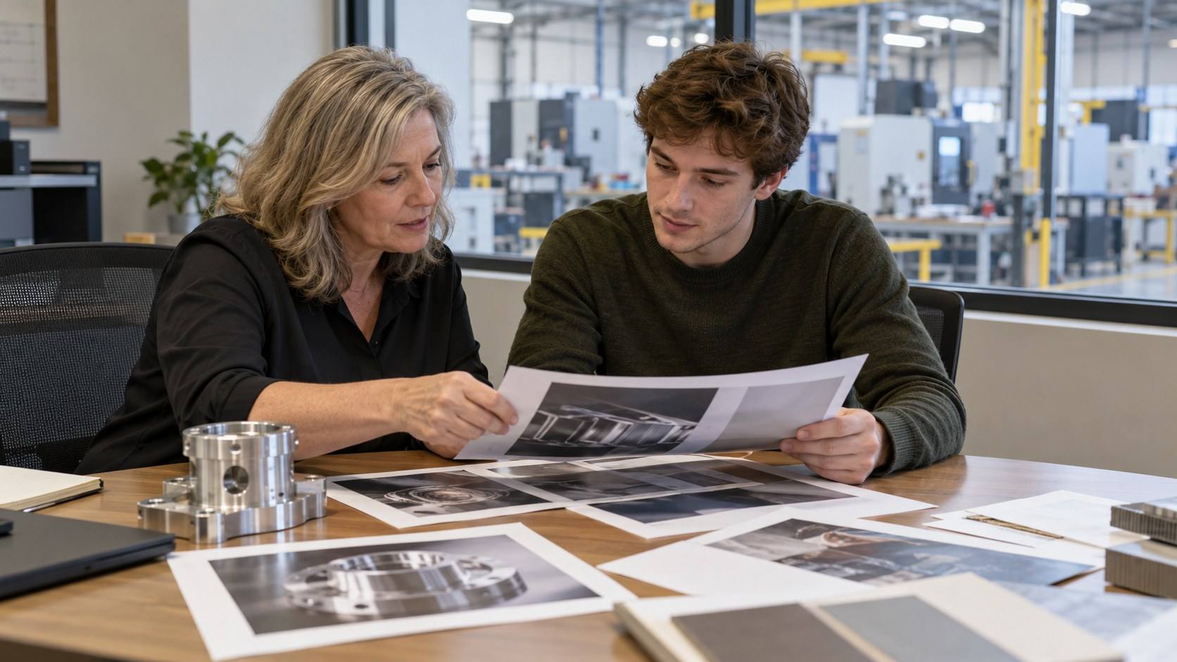 Two marketers at a table in a plant office review printed brochure proofs beside a machined part sample.
