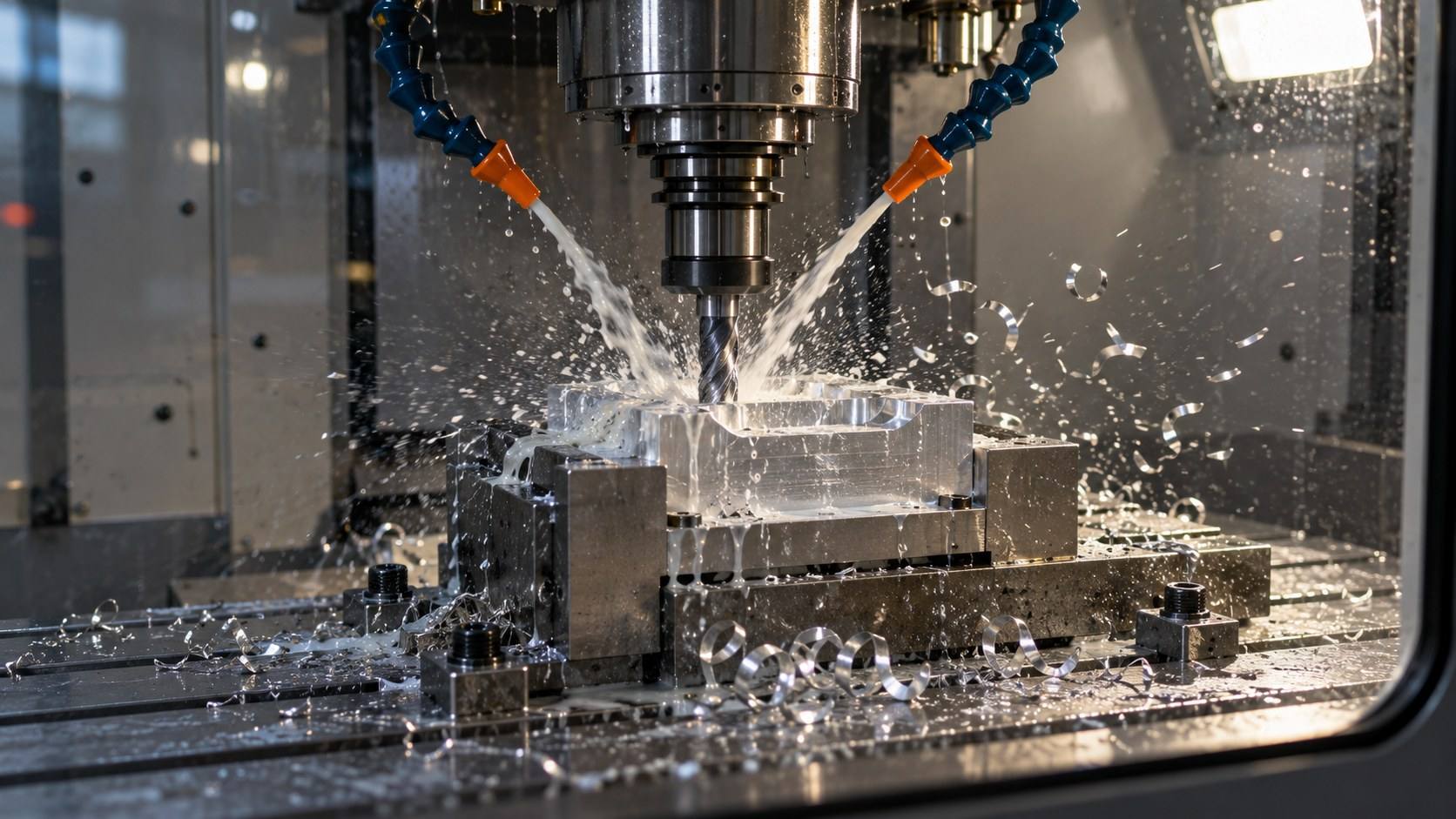 An end mill cuts a pocket in an aluminum block held in a vise inside a machining center, coolant spraying.