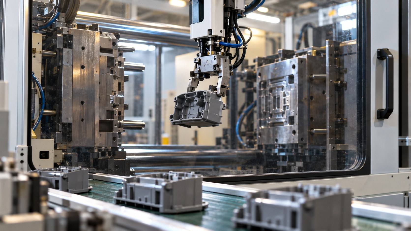 A robot gripper lifts a gray molded housing from an open injection mold.