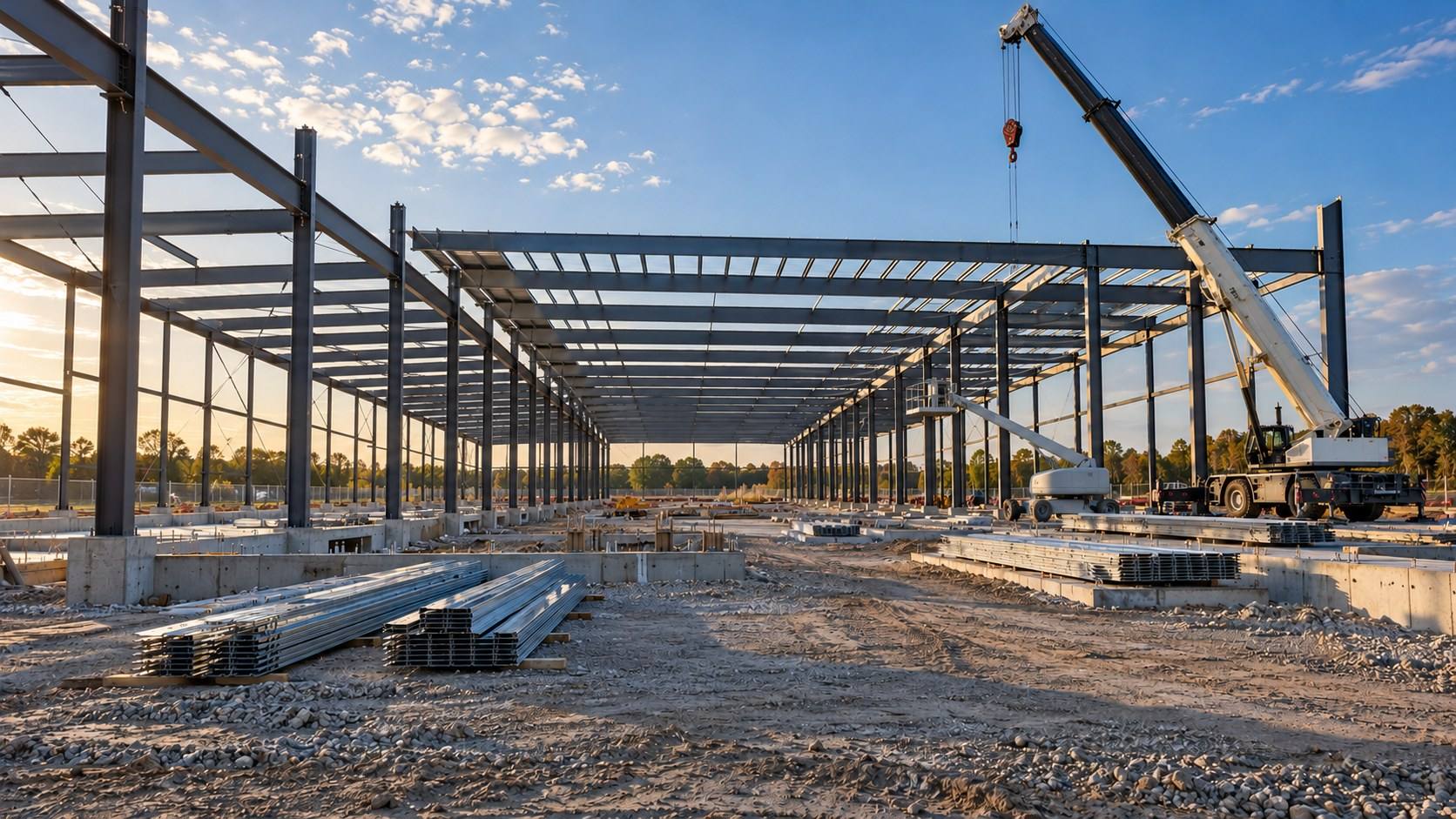 The steel frame of a new single-story industrial building on a graded site, a crane parked beside it.