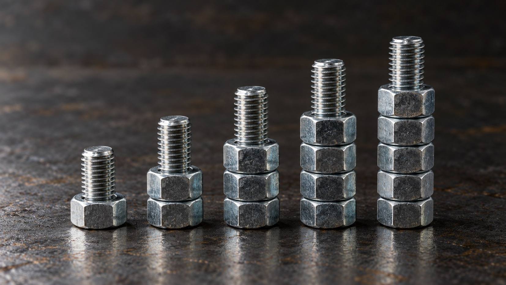 Five threaded studs with stacks of one to five hex nuts rising left to right like a bar chart