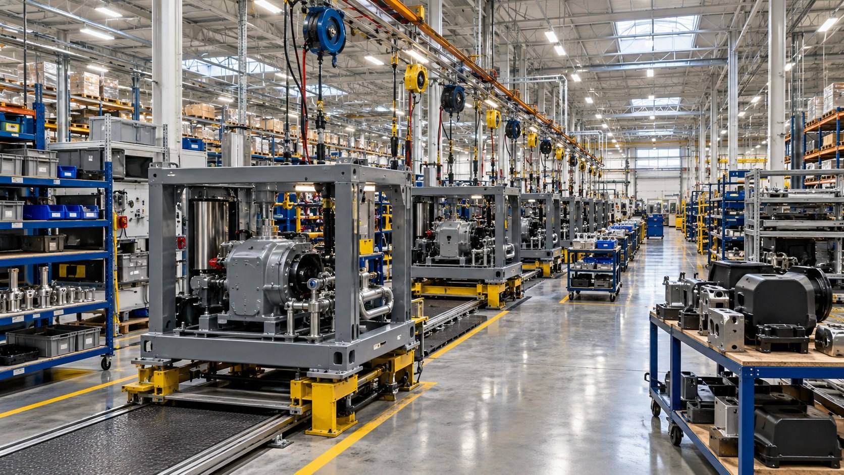 An OEM assembly line of pump skids, with kitting carts of supplier parts beside the stations.