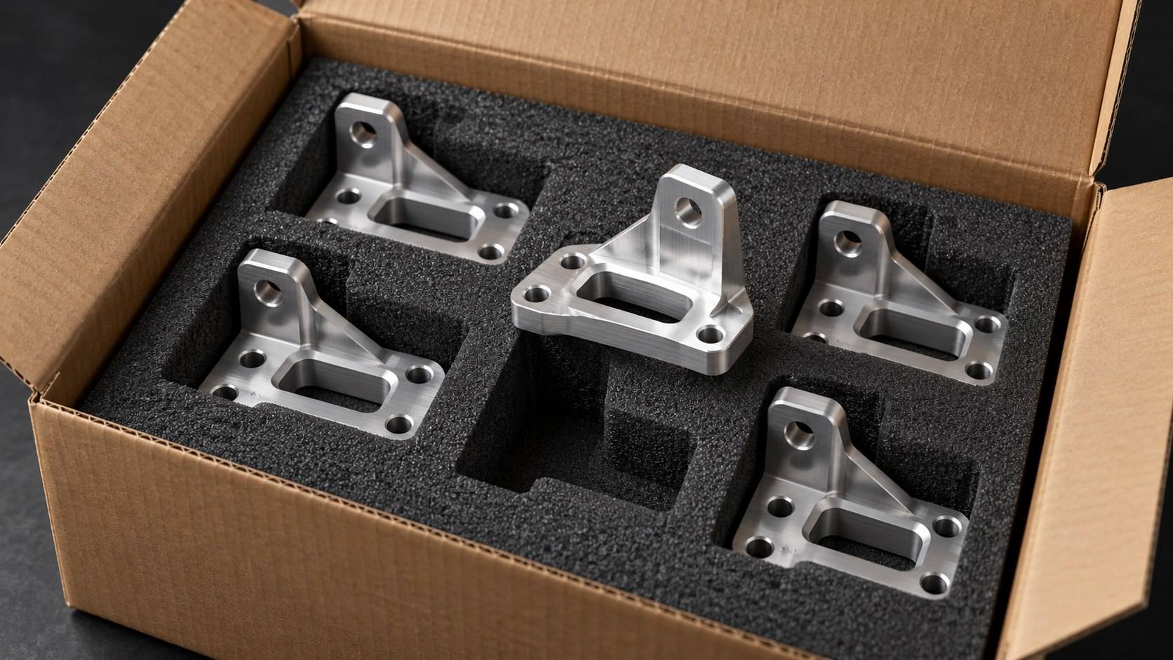 Machined aluminum parts nested in foam in a plain cardboard shipping box, one part lifted.