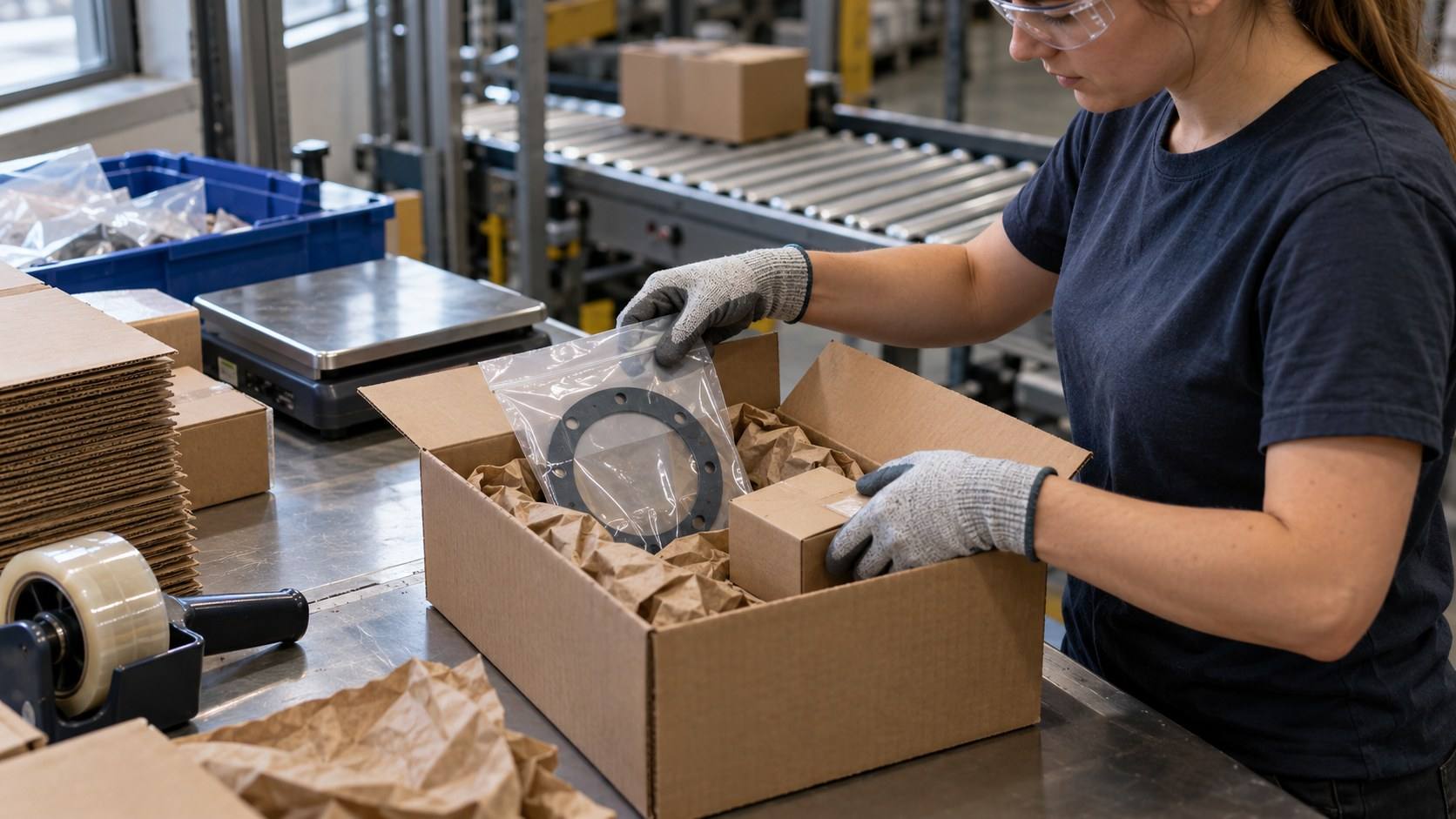 Gloved hands pack a bagged gasket and a boxed bearing into a shipping carton at a packing station.