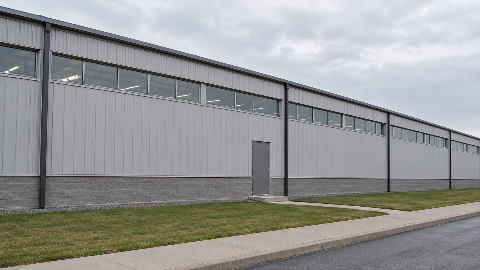 The plain side wall of a single-story manufacturing plant with a row of high windows and one steel door.