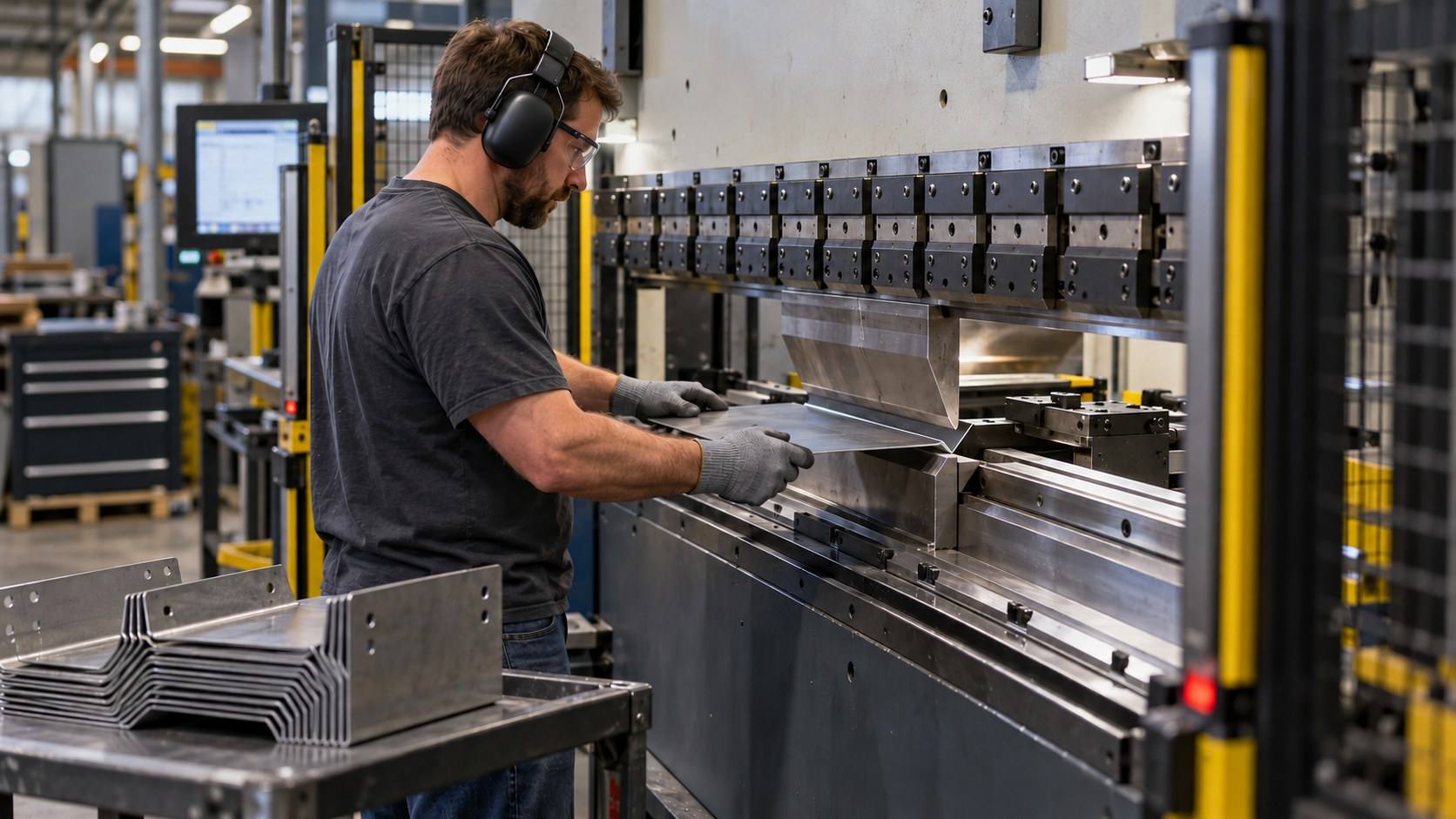 A press brake operator in ear muffs and safety glasses feeds a steel sheet against the back gauge.