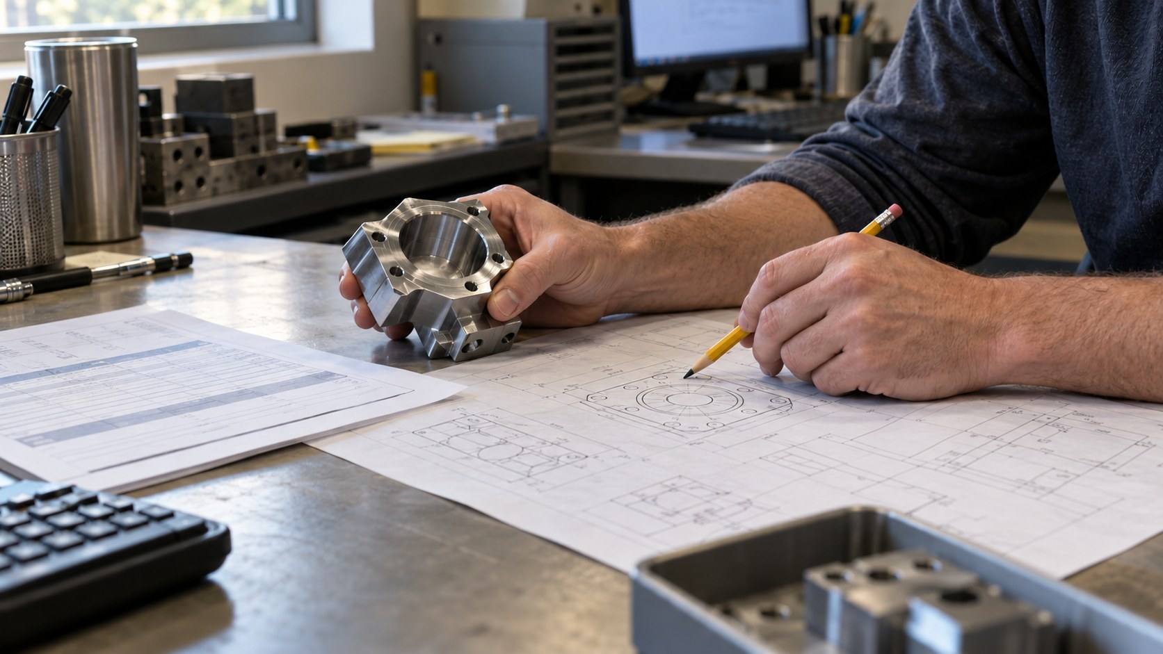 An estimator's hands check a machined flange part against its drawing with a pencil.