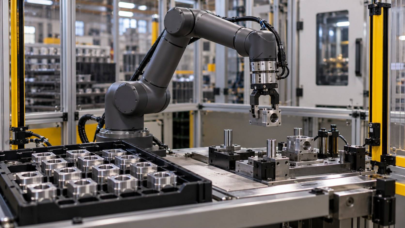 A dark gray collaborative robot arm moves a machined part from a tray to a fixture beside a light curtain.