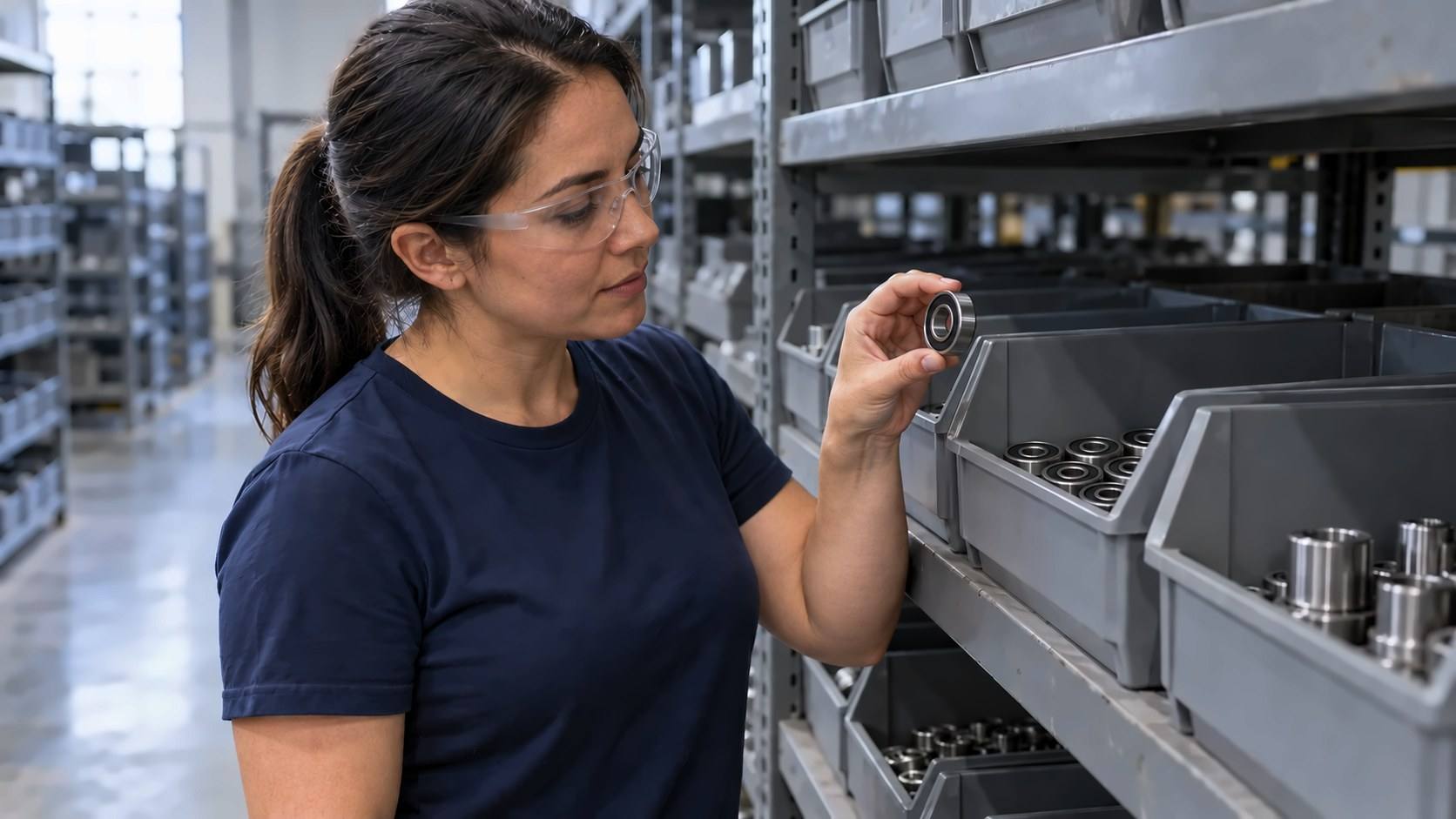 A warehouse associate in clear safety glasses lifts a small sealed ball bearing from a gray parts bin of identical bearings at a distributor's pick shelf.