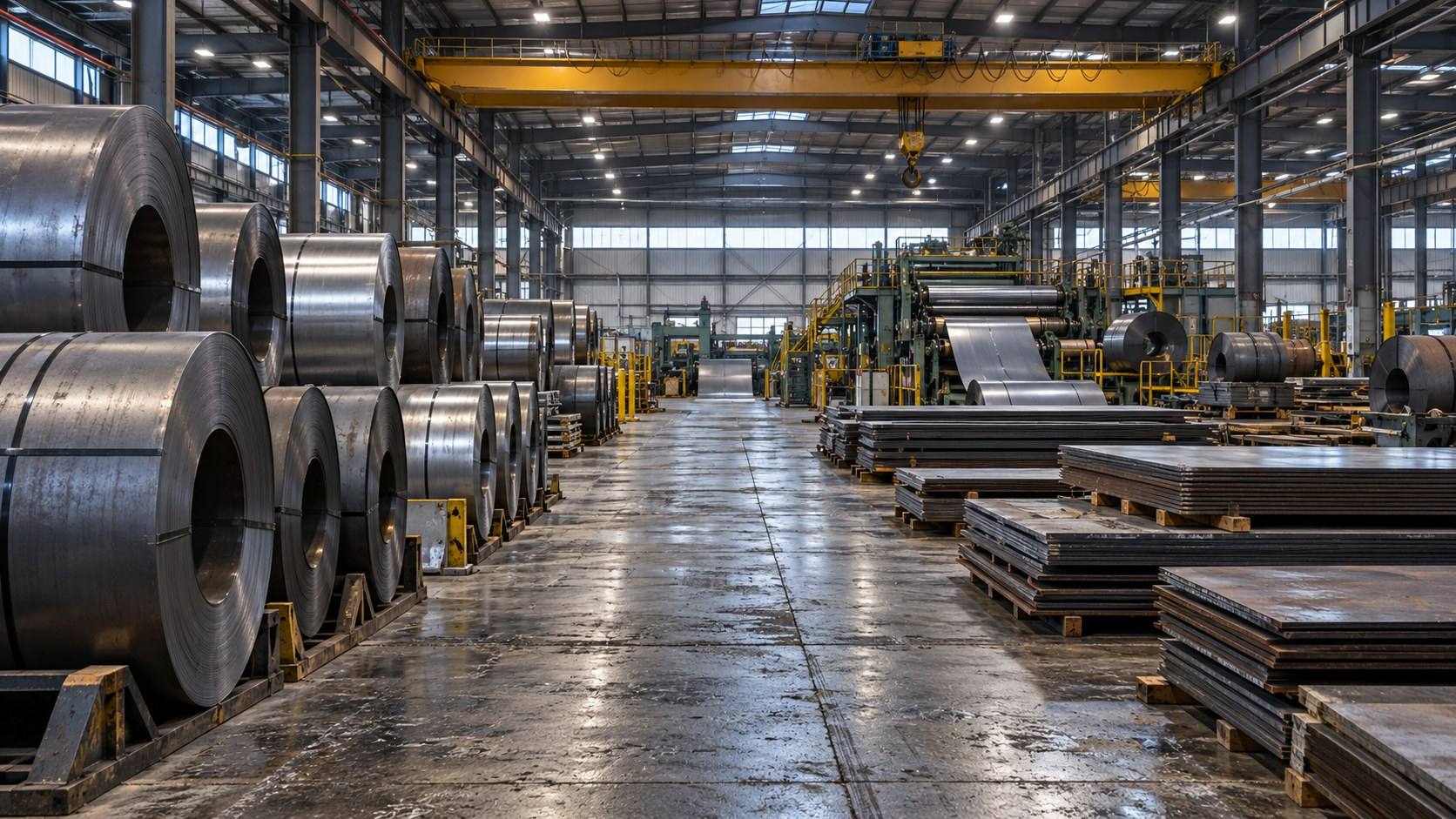 Coils of hot and cold rolled steel on cradles and stacks of plate in a steel service center.
