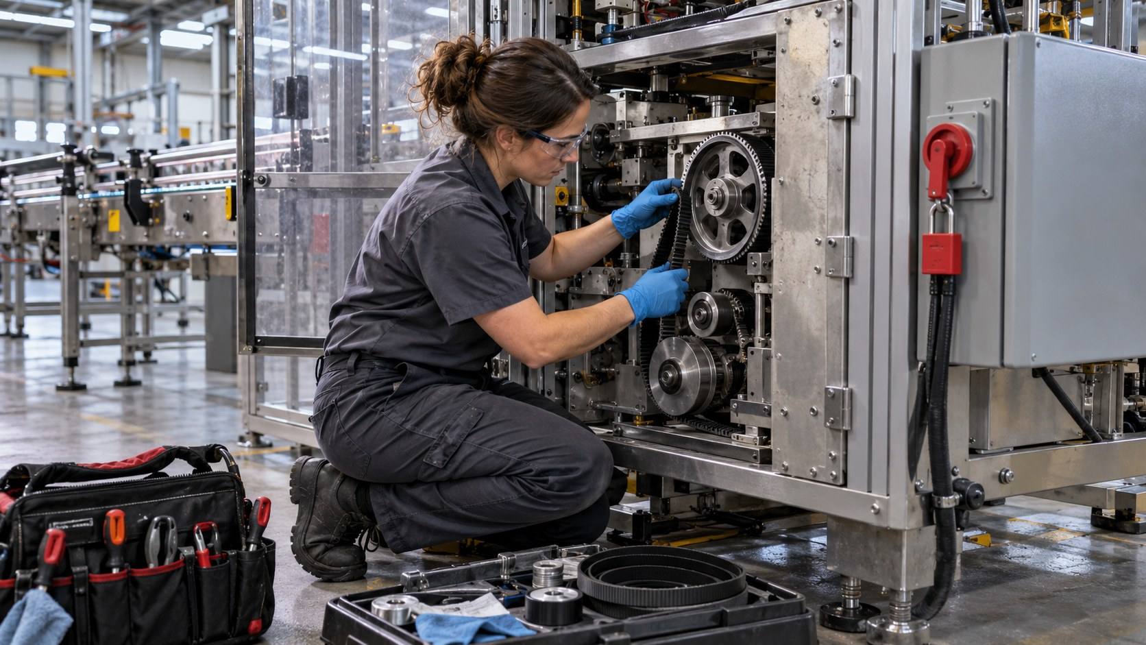 A field service technician replaces a drive belt on a stopped packaging machine with a lockout padlock on its disconnect.