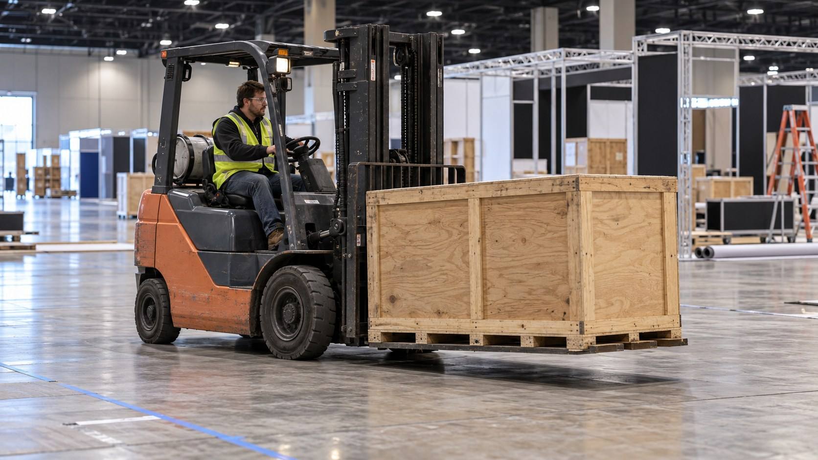 A forklift carries a plywood exhibit crate low across a bare trade show floor during move-in.