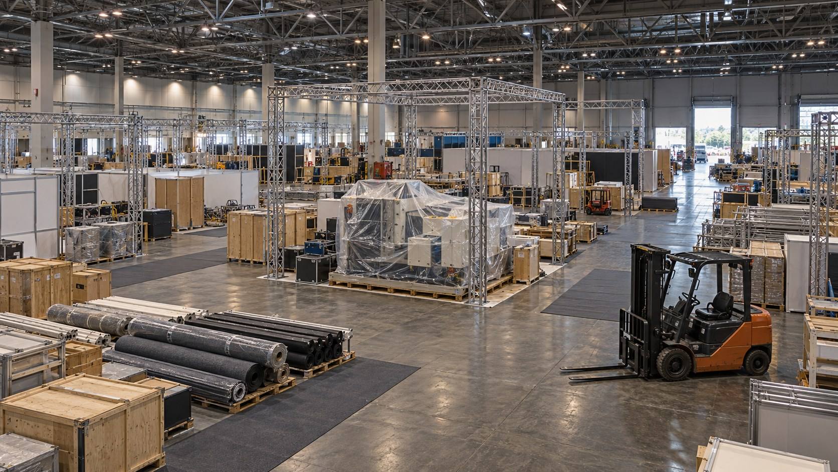 An exhibition hall during move-in, with booth truss frames, carpet rolls, crates and a wrapped machine on a skid.