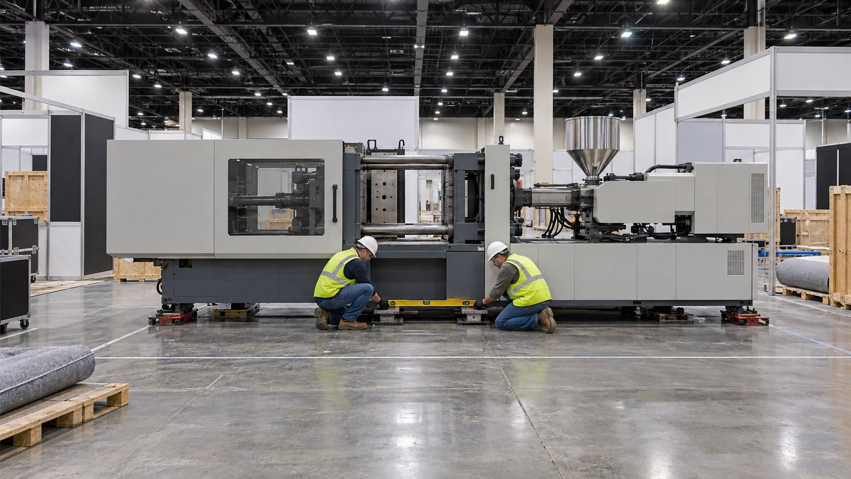 Two riggers in hard hats level an injection molding machine on skates on a trade show floor during move-in.
