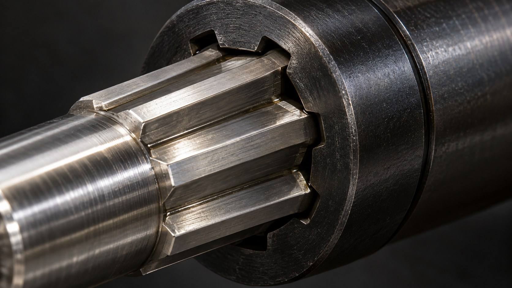 A ground steel splined shaft entering a matching blackened splined hub.