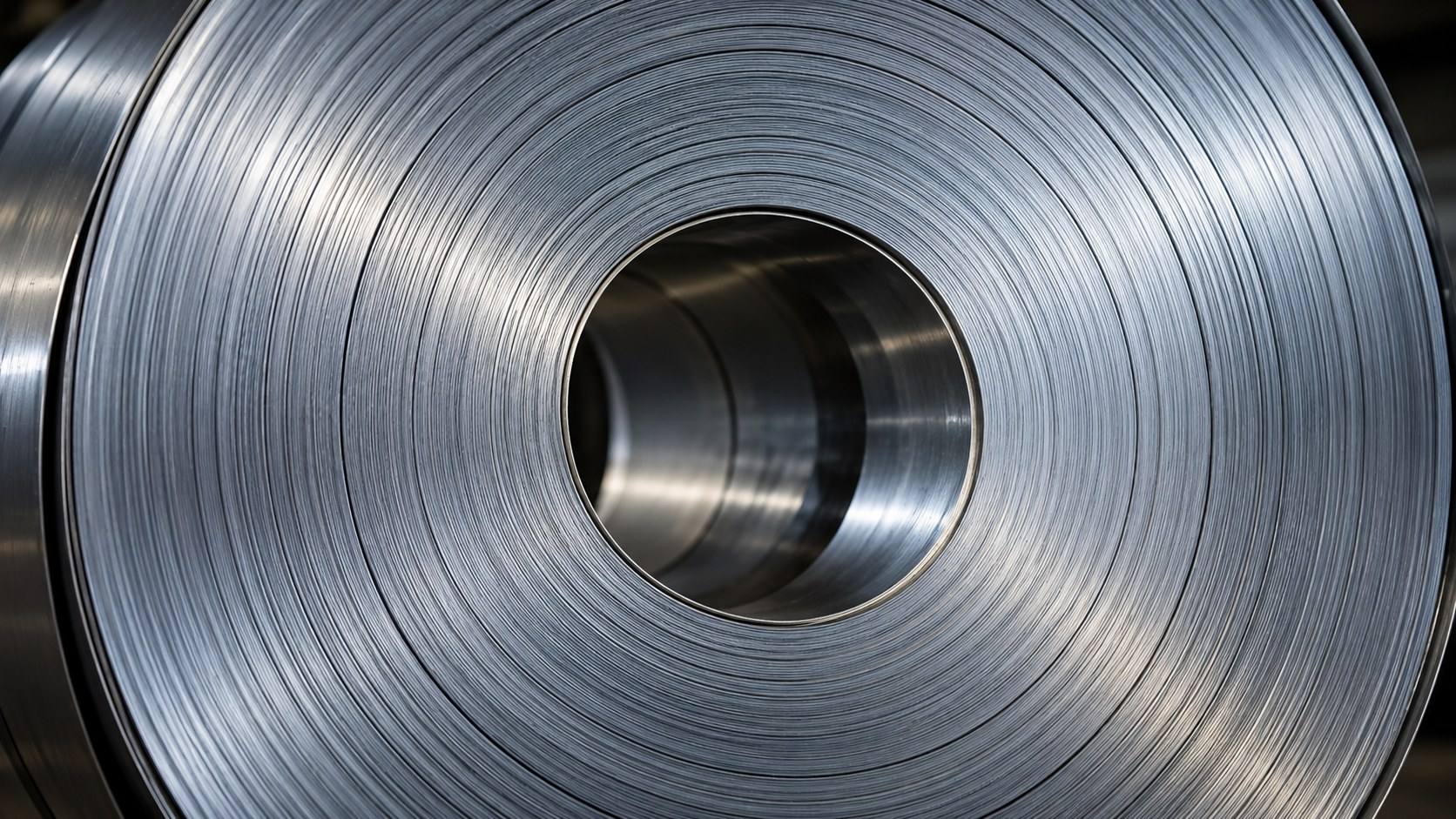 The polished face of a rolled steel coil.