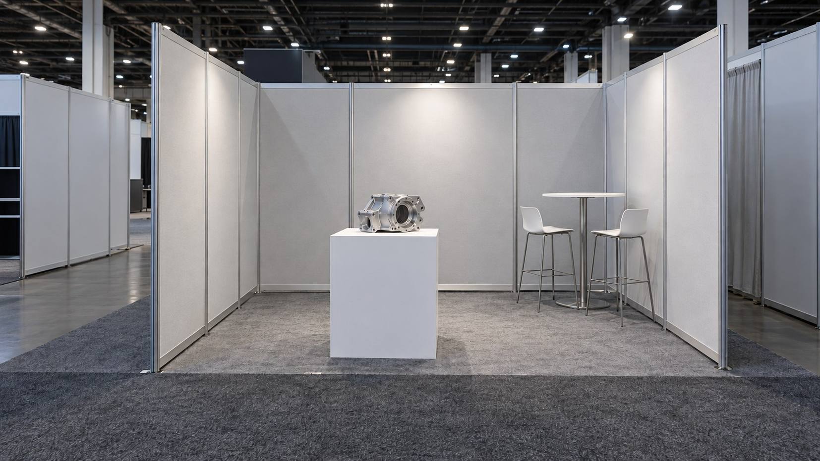 Empty trade show booth with gray walls, a machined part on a white plinth, a high table and two stools