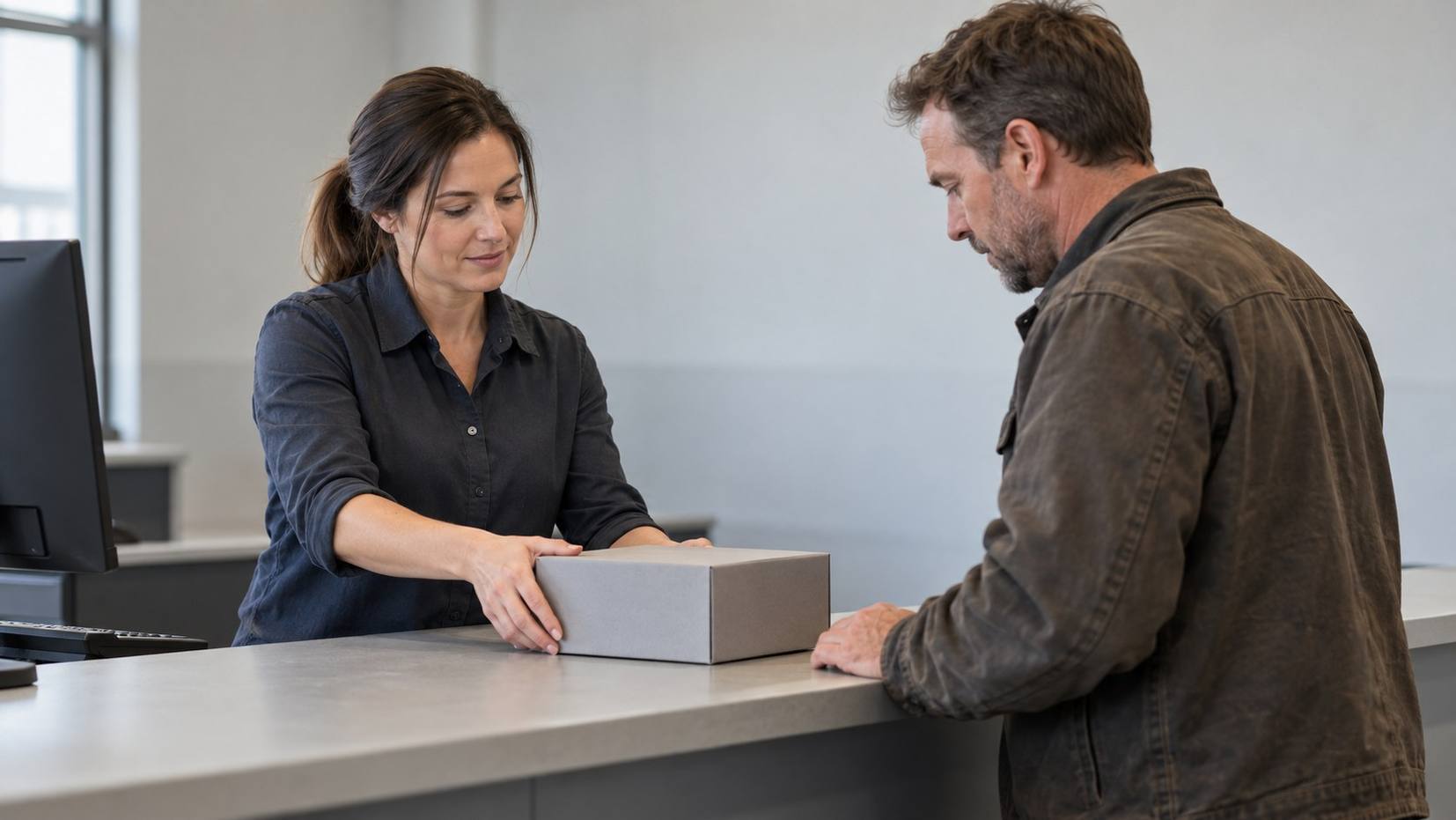 Counter rep sets a small gray box on a sales counter for a contractor in a brown work jacket