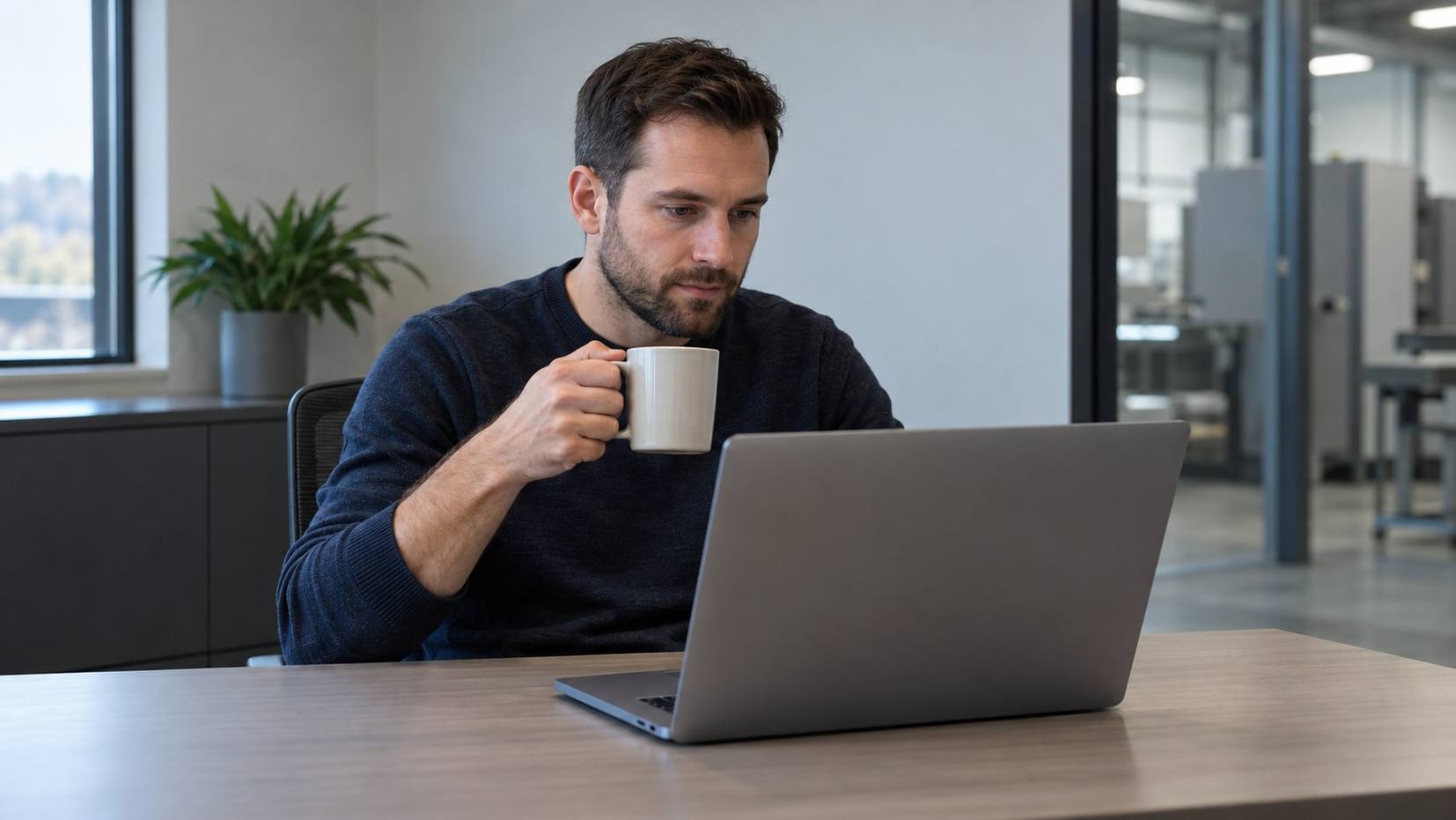 Man in a navy sweater working at a laptop with a coffee mug in a plant office, screen turned away