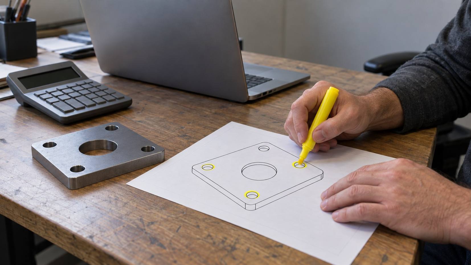 Hands highlighting holes on a drawing of a square steel plate beside the plate, a calculator and a laptop